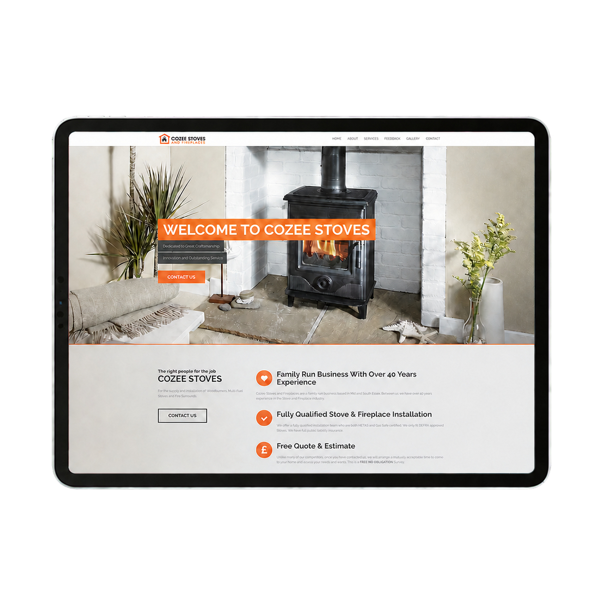 Cozee Stoves website displayed on a tablet