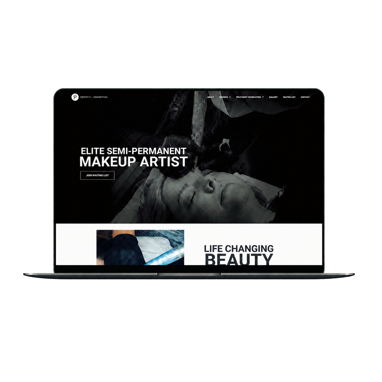 Poppy's Cosmetics website displayed on a MacBook